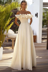 Narzissen mit Rüschen aus schulterfreiem Chiffon Langes Hochzeitsgastkleid